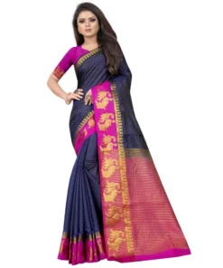 Kanjivaram Silk Saree With Unstitched Blouse Piece (Navy Blue, 5-6 Mtrs)